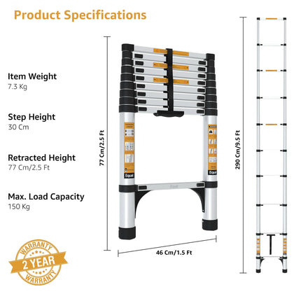 Equal 9.5 FT Aluminum Folding Telescopic Ladder with 2 Triangle Stabilizers | EN131 Certified with 2 Year Warranty | 150kg Max Capacity | Collapsible Ladder for Home or Outdoor Work (2.9m/10 Step)