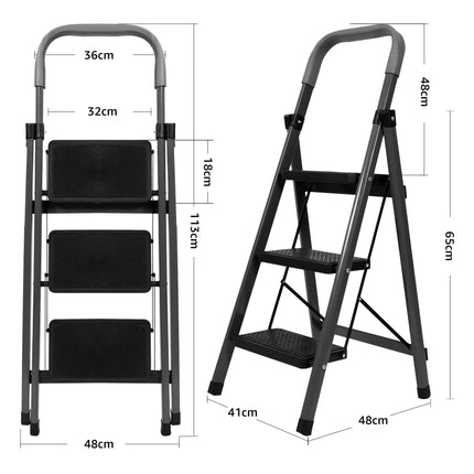 Equal Carbon-Series 3-Step Folding Ladder for Home & Office with Wide Anti-Skid Steps