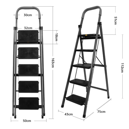 Equal Carbon-Series 5-Step Folding Ladder for Home & Office with Wide Anti-Skid Steps
