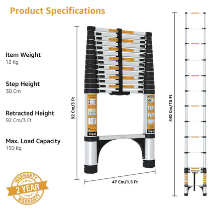 Equal 15 FT Aluminum Folding Telescopic Ladder with 2 Triangle Stabilizers | EN131 Certified with 2 Year Warranty | 150kg Max Capacity | Collapsible Ladder for Home or Outdoor Work (4.4m/15 Step)