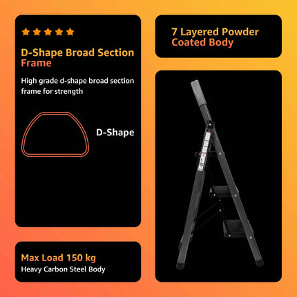 Equal Carbon-Series 3-Step Folding Ladder for Home & Office with Wide Anti-Skid Steps