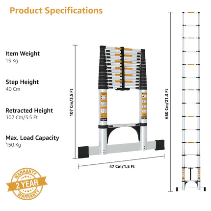 Equal 21.3 FT Aluminum Folding Telescopic Ladder with 2 Triangle Support & Stabilizers | EN131 Certified with 2 Year Warranty | 150kg Max Capacity | Ladder for Home or Outdoor Work (6.5m/16 Step)