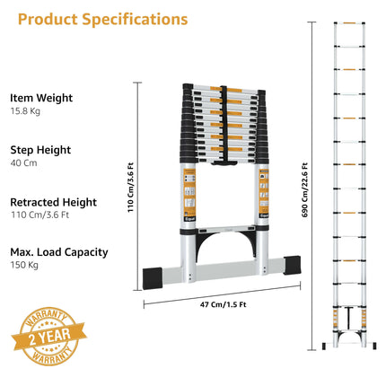 Equal 22.6 FT Aluminum Folding Telescopic Ladder with 2 Triangle Support & Stabilizers | EN131 Certified with 2 Year Warranty | 150kg Max Capacity | Ladder for Home or Outdoor Work (6.9m/15 Step)