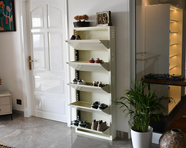 Equal 5 Shelf X Shoe Rack for Home | Premium Mild Steel Shoe Cabinet for Home holds upto 12-15 pairs of shoes | 3 Years Limited Warranty | 5 Shelf - Glossy Ivory