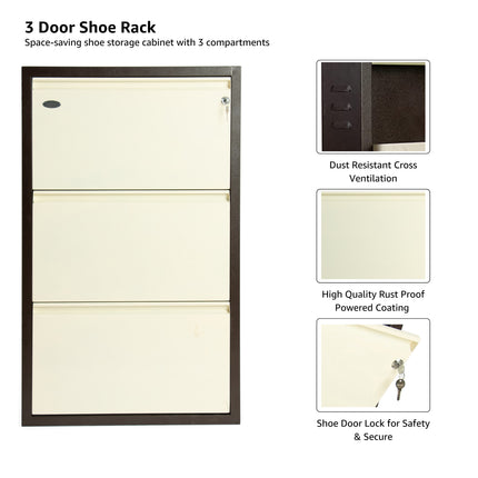 Equal 3 Door Wall Mounted Mild Steel Shoe Rack for Home with Lock