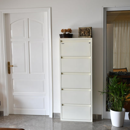 Equal 5 Shelf X Shoe Rack for Home | Premium Mild Steel Shoe Cabinet for Home holds upto 12-15 pairs of shoes | 3 Years Limited Warranty | 5 Shelf - Glossy Ivory