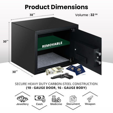 Equal 32L SecureLite Digital Safe Locker with Pincode Access and Emergency Key - Black
