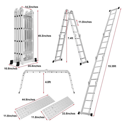 Equal 15 FT. Folding Ladder, 7-in-1 Multi Purpose Extension Aluminum Ladder w/Platform Plates