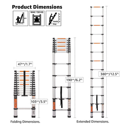 12.5 ft. telescopic ladder height from collapsed position to extended position