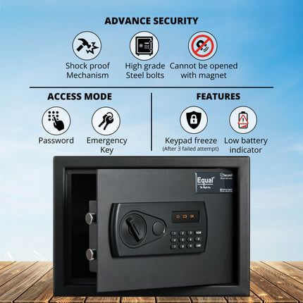 Equal 20L SecureX Digital Safe Locker with Pincode Access and Emergency Key - Black