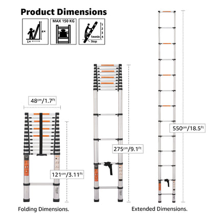 Equal 18.5 FT. Aluminium Foldable & Extended Telescopic Ladder with Finger Protect Technology
