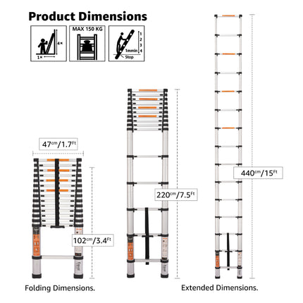 Equal 15 FT. Aluminium Foldable & Extended Telescopic Ladder with Finger Protect Technology