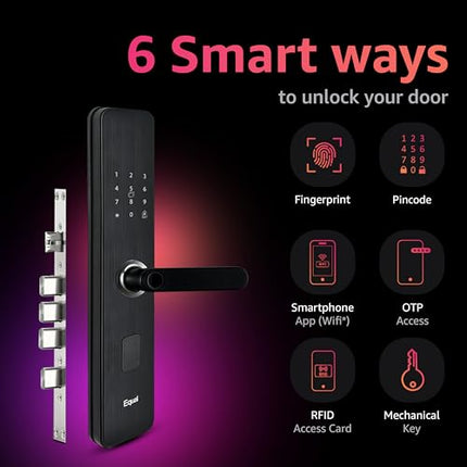 Equal Smart Door Lock A8 WiFi in Matte Black: Fingerprint & 5 More Ways to Unlock; Wooden Door Compatible; 1-Year Warranty.
