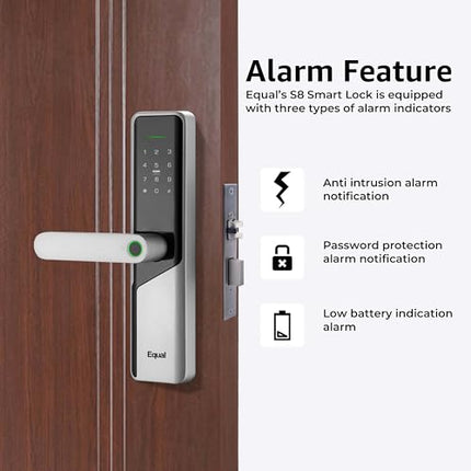Equal Smart Door Lock S8 WiFi in Silver: Fingerprint & 5 More Ways to Unlock; Wooden Door Compatible; 1-Year Warranty.