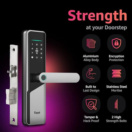 Equal Smart Door Lock S8 WiFi in Silver: Fingerprint & 5 More Ways to Unlock; Wooden Door Compatible; 1-Year Warranty.