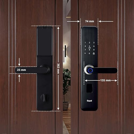 Equal Smart Door Lock A8 WiFi in Matte Black: Fingerprint & 5 More Ways to Unlock; Wooden Door Compatible; 1-Year Warranty.