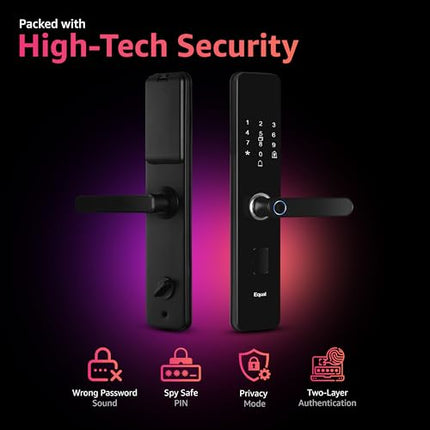 Equal Smart Door Lock A8 WiFi in Gloss Black: Fingerprint & 3 More Ways to Unlock; Wooden Door Compatible; 1-Year Warranty.