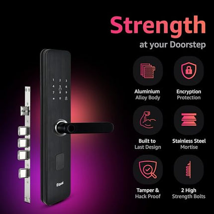 Equal Smart Door Lock A8 WiFi in Matte Black: Fingerprint & 5 More Ways to Unlock; Wooden Door Compatible; 1-Year Warranty.