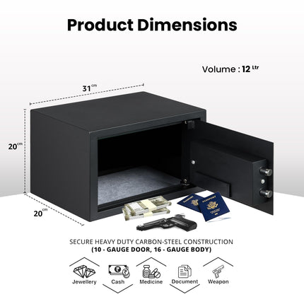 Equal 12L SecureLite Digital Safe Locker with Pincode Access and Emergency Key - Black