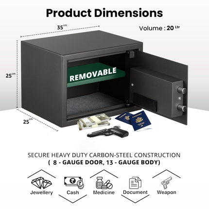 Equal 20L SecureX Digital Safe Locker with Pincode Access and Emergency Key - Grey