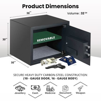 Equal 32L SecureLitePro Digital Safe Locker with Pincode Access and Emergency Key - Grey