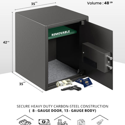 Equal 48L SecureX Digital Safe Locker with Pincode Access and Emergency Key - Grey